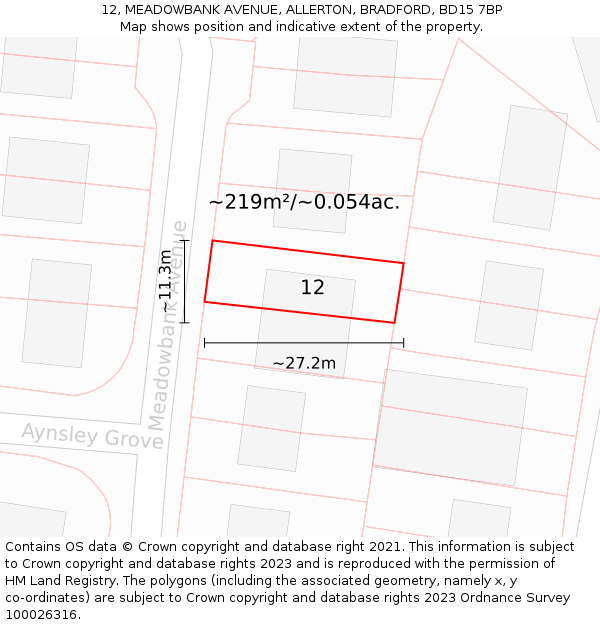 12, MEADOWBANK AVENUE, ALLERTON, BRADFORD, BD15 7BP: Plot and title map