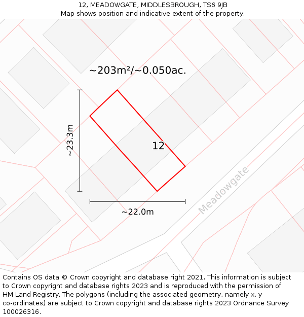 12, MEADOWGATE, MIDDLESBROUGH, TS6 9JB: Plot and title map