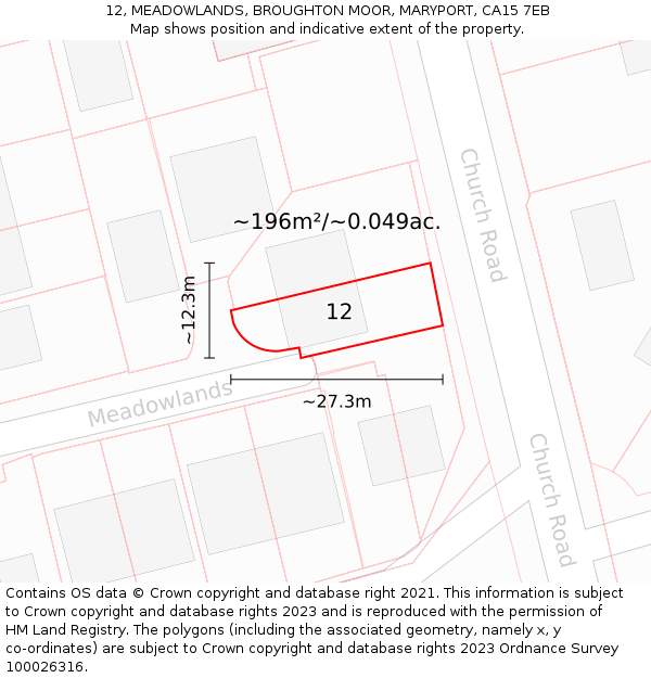 12, MEADOWLANDS, BROUGHTON MOOR, MARYPORT, CA15 7EB: Plot and title map