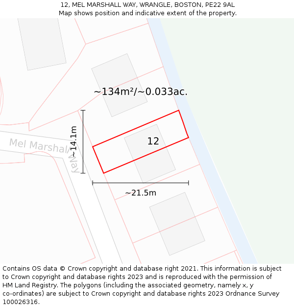 12, MEL MARSHALL WAY, WRANGLE, BOSTON, PE22 9AL: Plot and title map