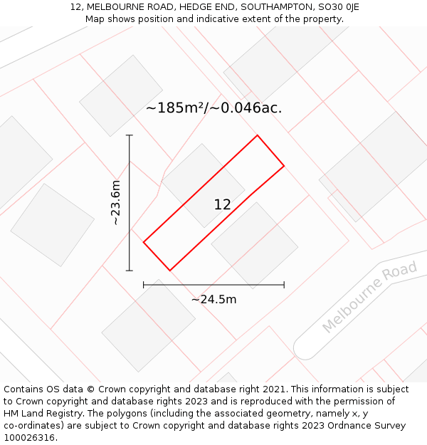 12, MELBOURNE ROAD, HEDGE END, SOUTHAMPTON, SO30 0JE: Plot and title map