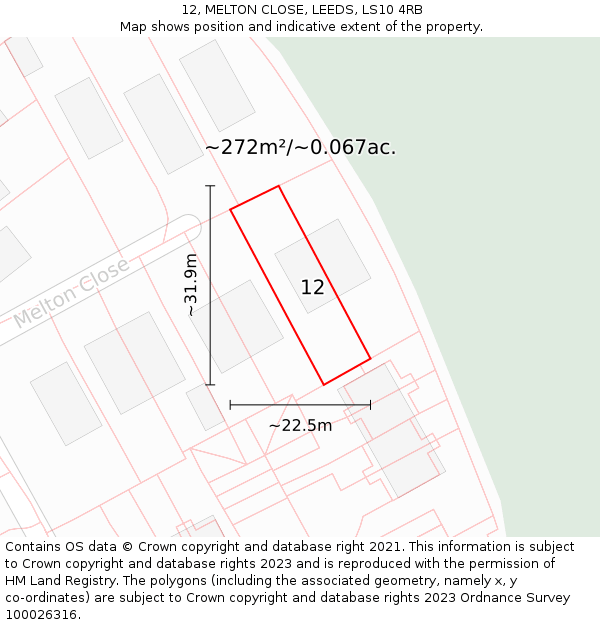 12, MELTON CLOSE, LEEDS, LS10 4RB: Plot and title map