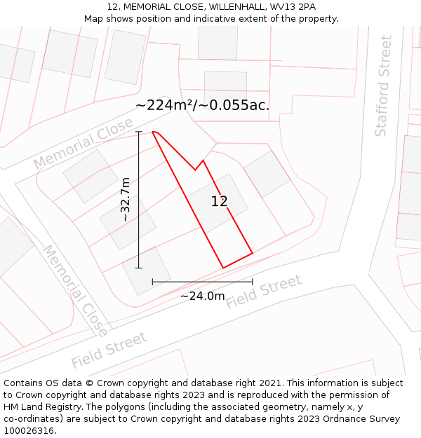 12, MEMORIAL CLOSE, WILLENHALL, WV13 2PA: Plot and title map