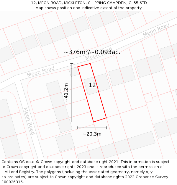 12, MEON ROAD, MICKLETON, CHIPPING CAMPDEN, GL55 6TD: Plot and title map