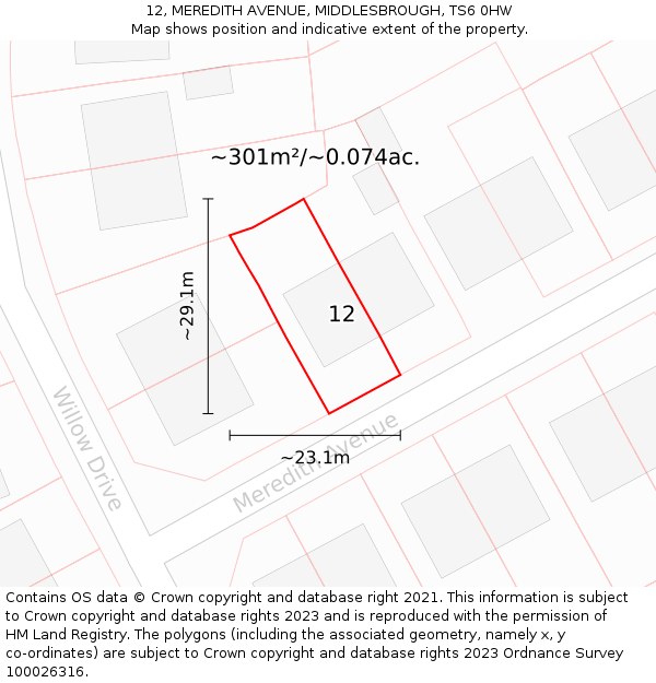 12, MEREDITH AVENUE, MIDDLESBROUGH, TS6 0HW: Plot and title map