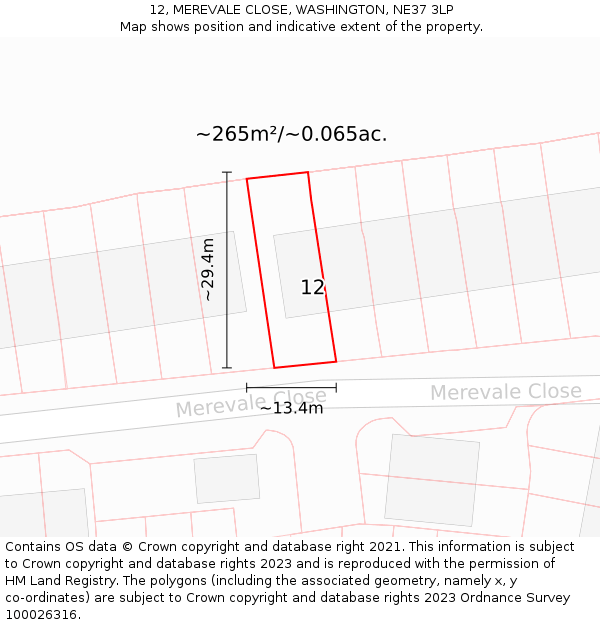 12, MEREVALE CLOSE, WASHINGTON, NE37 3LP: Plot and title map