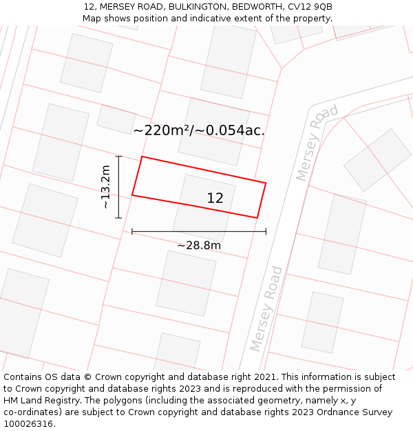12, MERSEY ROAD, BULKINGTON, BEDWORTH, CV12 9QB: Plot and title map