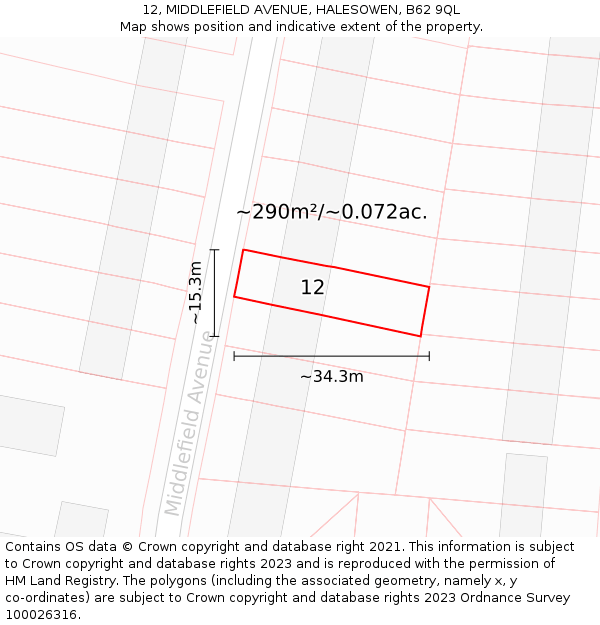 12, MIDDLEFIELD AVENUE, HALESOWEN, B62 9QL: Plot and title map
