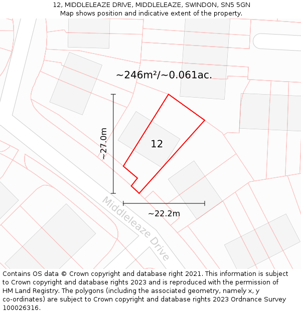 12, MIDDLELEAZE DRIVE, MIDDLELEAZE, SWINDON, SN5 5GN: Plot and title map