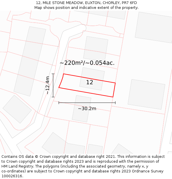 12, MILE STONE MEADOW, EUXTON, CHORLEY, PR7 6FD: Plot and title map