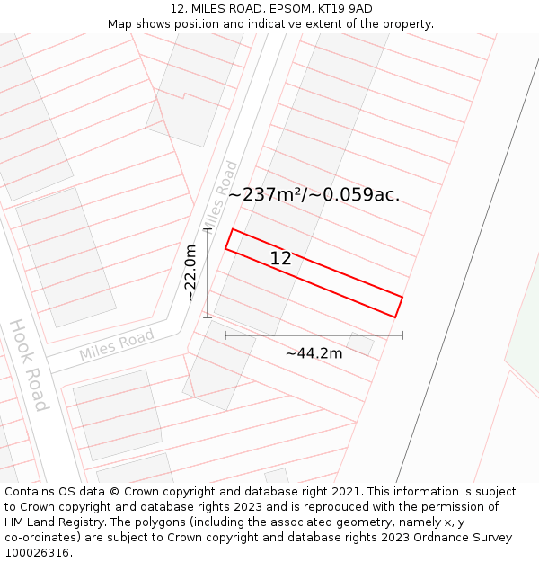 12, MILES ROAD, EPSOM, KT19 9AD: Plot and title map
