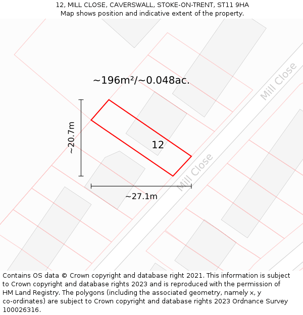 12, MILL CLOSE, CAVERSWALL, STOKE-ON-TRENT, ST11 9HA: Plot and title map