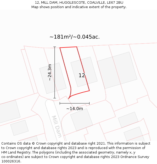 12, MILL DAM, HUGGLESCOTE, COALVILLE, LE67 2BU: Plot and title map