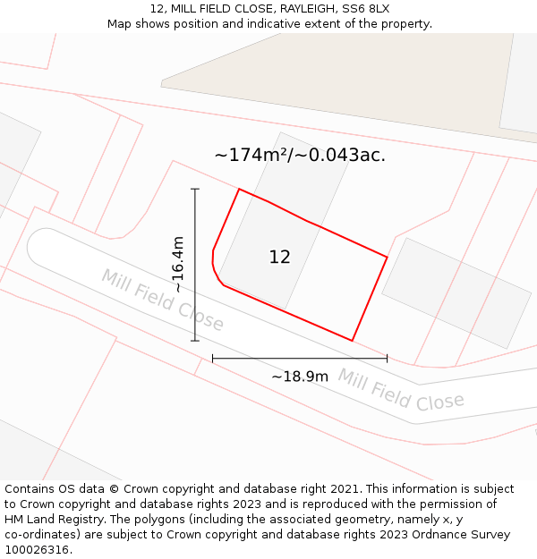 12, MILL FIELD CLOSE, RAYLEIGH, SS6 8LX: Plot and title map