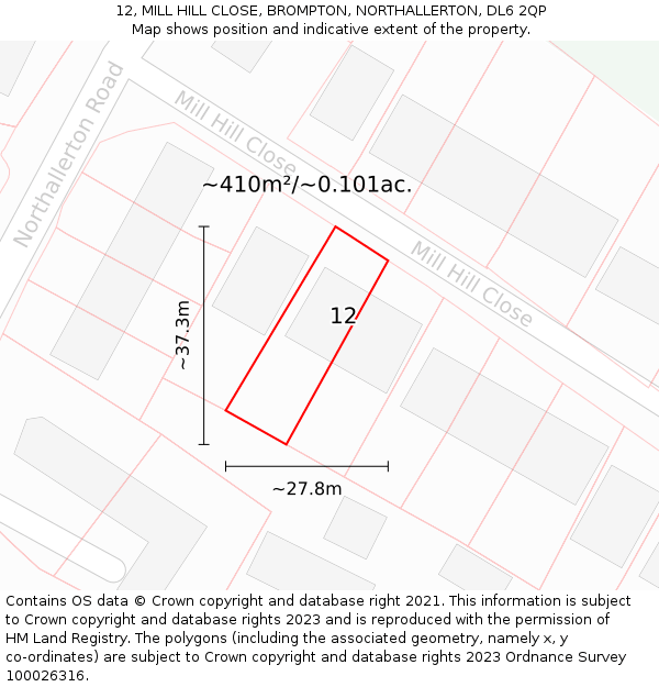 12, MILL HILL CLOSE, BROMPTON, NORTHALLERTON, DL6 2QP: Plot and title map