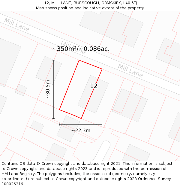 12, MILL LANE, BURSCOUGH, ORMSKIRK, L40 5TJ: Plot and title map