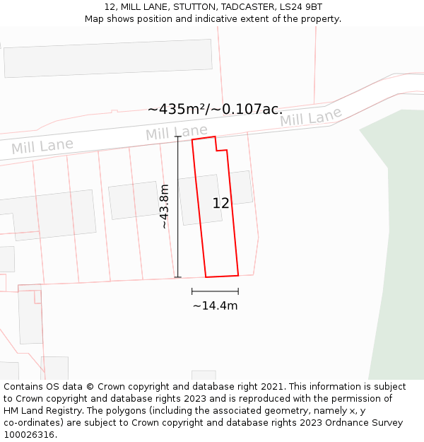 12, MILL LANE, STUTTON, TADCASTER, LS24 9BT: Plot and title map