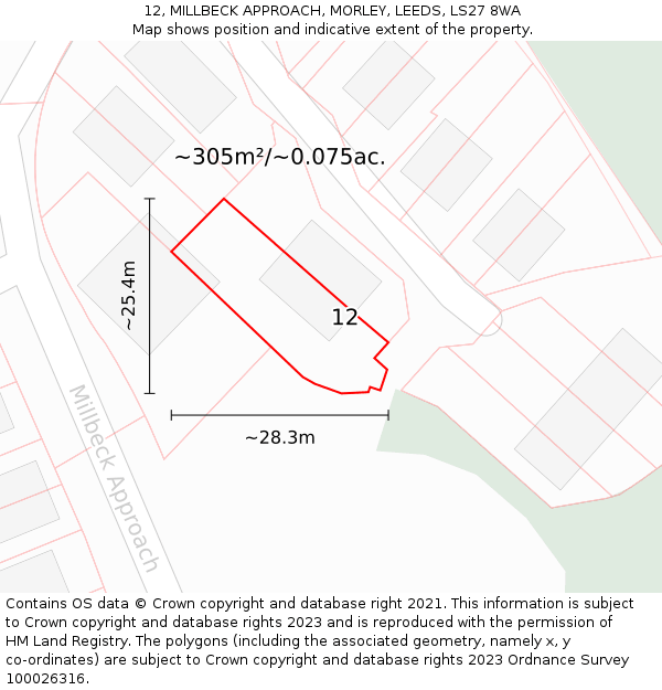 12, MILLBECK APPROACH, MORLEY, LEEDS, LS27 8WA: Plot and title map