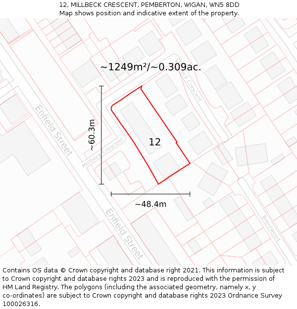 12, MILLBECK CRESCENT, PEMBERTON, WIGAN, WN5 8DD: Plot and title map