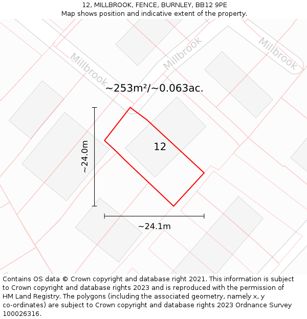 12, MILLBROOK, FENCE, BURNLEY, BB12 9PE: Plot and title map