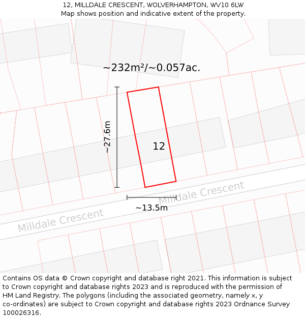 12, MILLDALE CRESCENT, WOLVERHAMPTON, WV10 6LW: Plot and title map