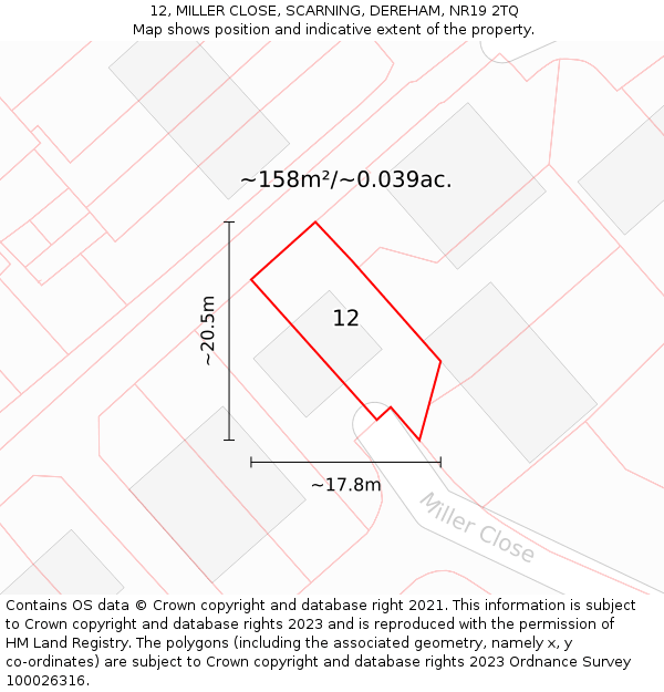 12, MILLER CLOSE, SCARNING, DEREHAM, NR19 2TQ: Plot and title map