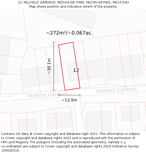 12, MILLFIELD GARDENS, REDHOUSE PARK, MILTON KEYNES, MK14 5GH: Plot and title map