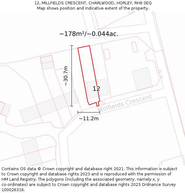 12, MILLFIELDS CRESCENT, CHARLWOOD, HORLEY, RH6 0EQ: Plot and title map