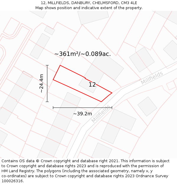 12, MILLFIELDS, DANBURY, CHELMSFORD, CM3 4LE: Plot and title map