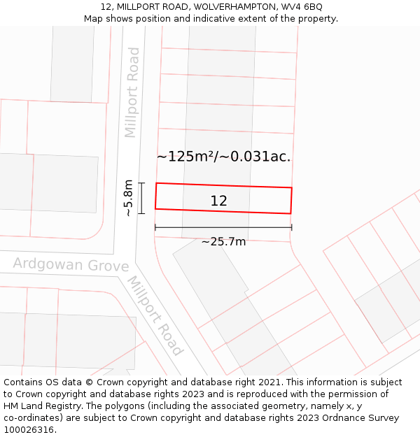 12, MILLPORT ROAD, WOLVERHAMPTON, WV4 6BQ: Plot and title map