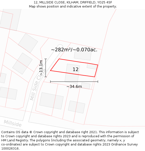 12, MILLSIDE CLOSE, KILHAM, DRIFFIELD, YO25 4SF: Plot and title map