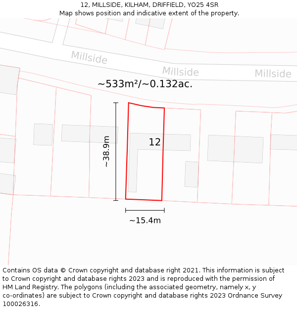 12, MILLSIDE, KILHAM, DRIFFIELD, YO25 4SR: Plot and title map