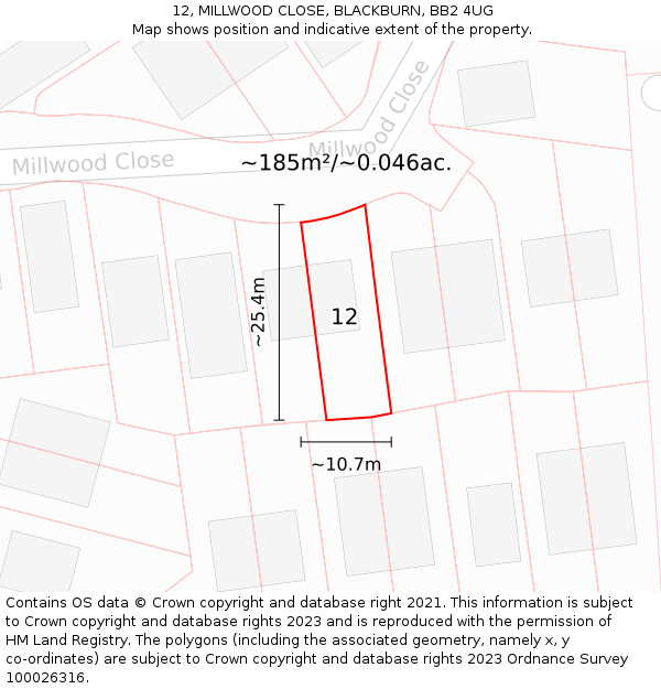 12, MILLWOOD CLOSE, BLACKBURN, BB2 4UG: Plot and title map