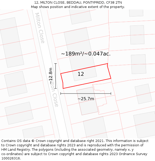 12, MILTON CLOSE, BEDDAU, PONTYPRIDD, CF38 2TN: Plot and title map