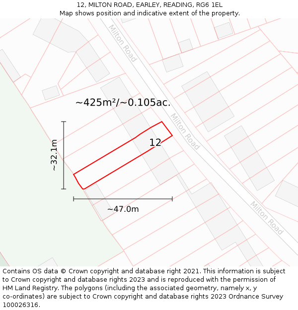 12, MILTON ROAD, EARLEY, READING, RG6 1EL: Plot and title map