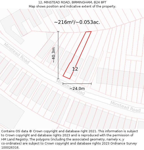 12, MINSTEAD ROAD, BIRMINGHAM, B24 8PT: Plot and title map