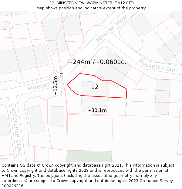 12, MINSTER VIEW, WARMINSTER, BA12 8TD: Plot and title map