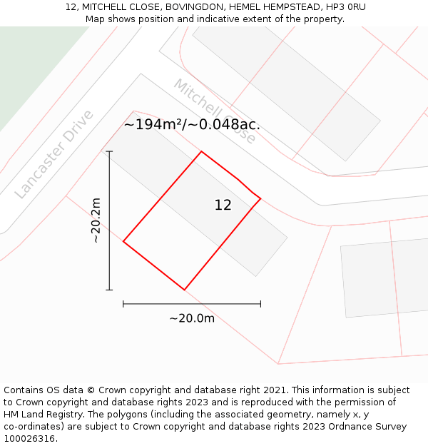 12, MITCHELL CLOSE, BOVINGDON, HEMEL HEMPSTEAD, HP3 0RU: Plot and title map