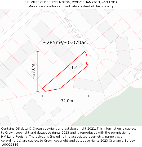 12, MITRE CLOSE, ESSINGTON, WOLVERHAMPTON, WV11 2DA: Plot and title map