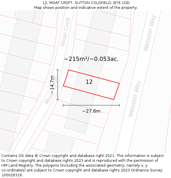 12, MOAT CROFT, SUTTON COLDFIELD, B76 1GD: Plot and title map