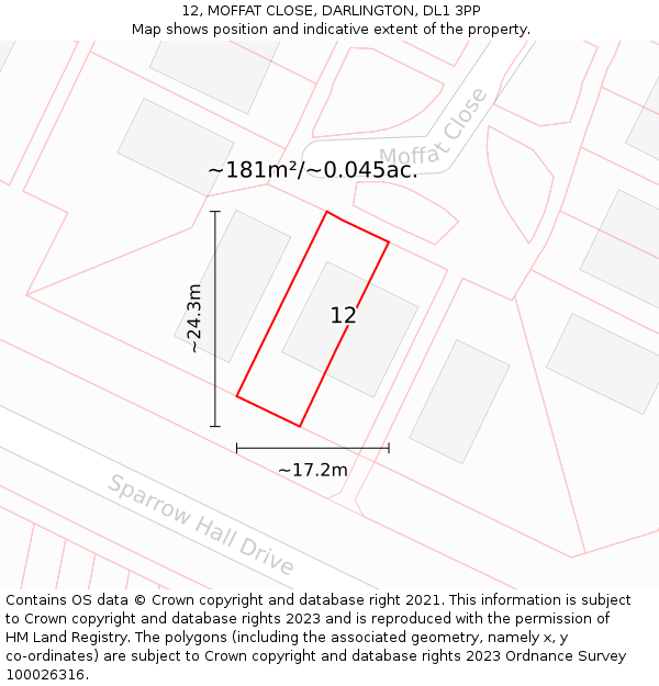 12, MOFFAT CLOSE, DARLINGTON, DL1 3PP: Plot and title map