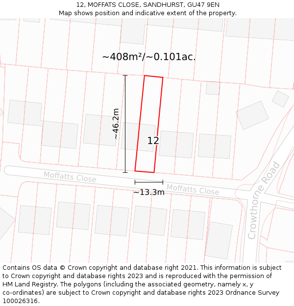 12, MOFFATS CLOSE, SANDHURST, GU47 9EN: Plot and title map