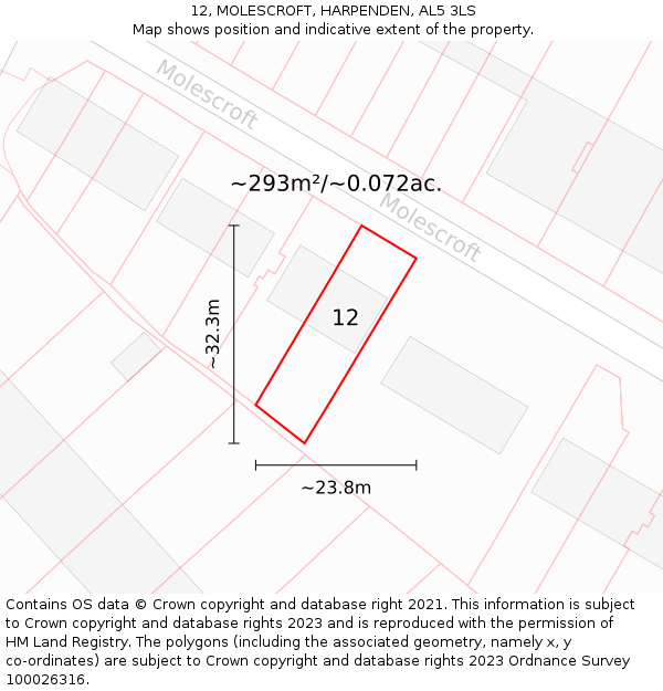 12, MOLESCROFT, HARPENDEN, AL5 3LS: Plot and title map