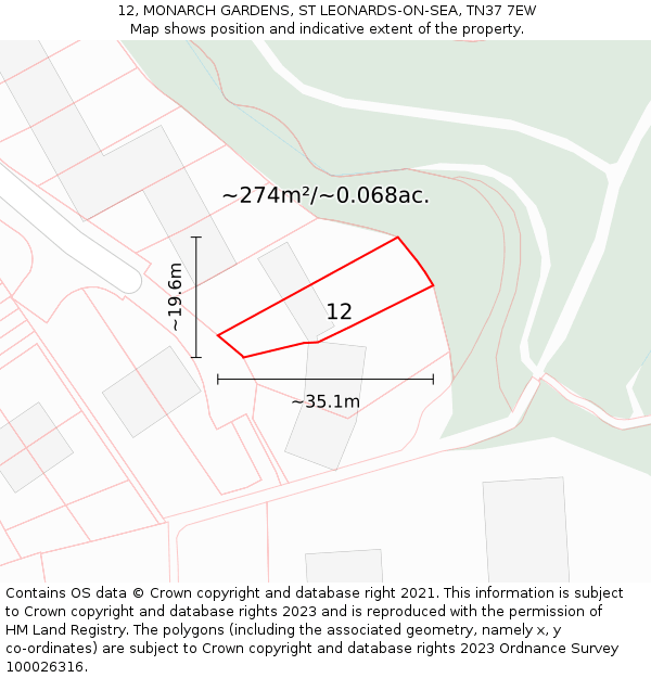 12, MONARCH GARDENS, ST LEONARDS-ON-SEA, TN37 7EW: Plot and title map