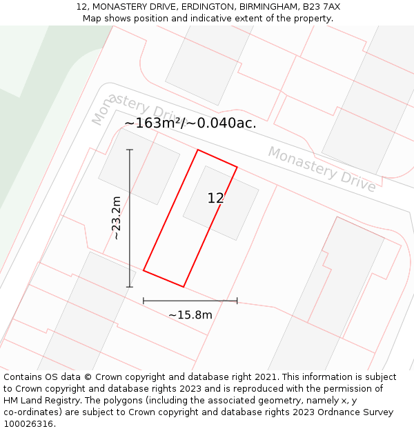 12, MONASTERY DRIVE, ERDINGTON, BIRMINGHAM, B23 7AX: Plot and title map