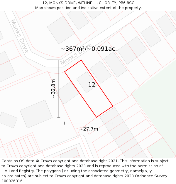 12, MONKS DRIVE, WITHNELL, CHORLEY, PR6 8SG: Plot and title map
