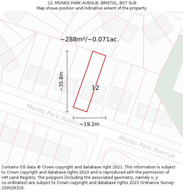 12, MONKS PARK AVENUE, BRISTOL, BS7 0UE: Plot and title map