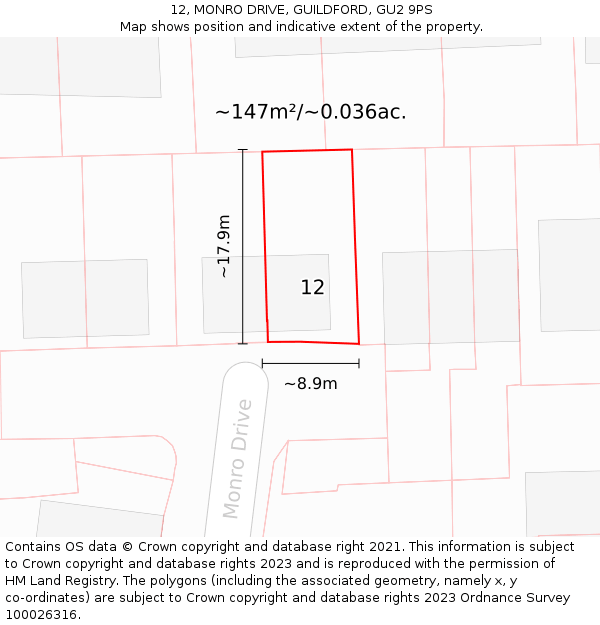 12, MONRO DRIVE, GUILDFORD, GU2 9PS: Plot and title map