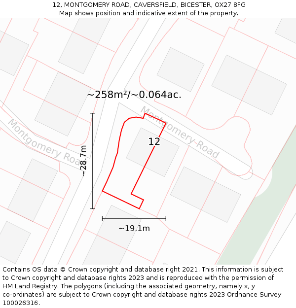 12, MONTGOMERY ROAD, CAVERSFIELD, BICESTER, OX27 8FG: Plot and title map