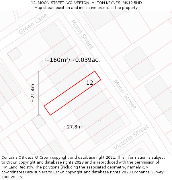 12, MOON STREET, WOLVERTON, MILTON KEYNES, MK12 5HD: Plot and title map